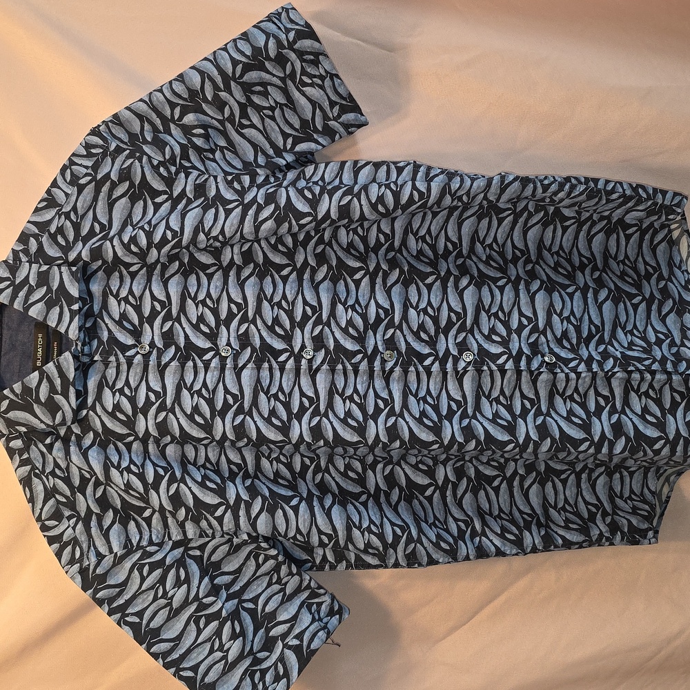 Bugatchi Navy Shaped Fit Shirt Leaves Mens Size Large (Frank #11)